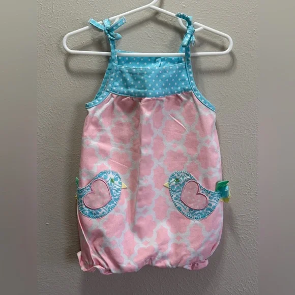 Mud Pie Bubble Romper Bird Pink and Blue Polkadot Baby Girl Bubble Boutique - Picture 2 of 6